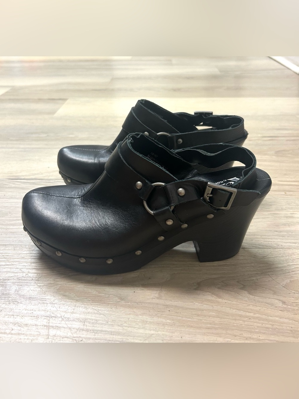 Korks Studded Harness Clogs Women 10 Black Leather Slingback Moto Edgy Grunge